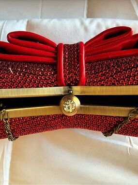 Lulu Townsend Red Sequin Bow Clutch with Gold Trim